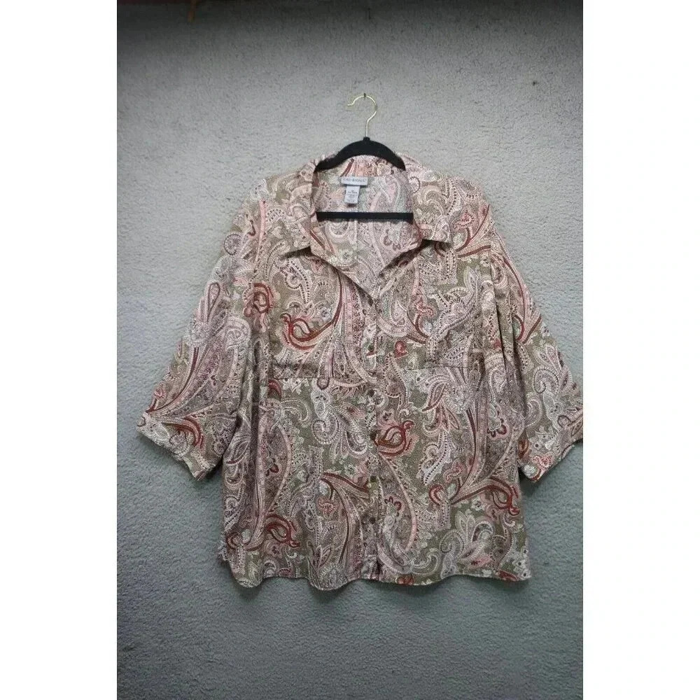 Catherines Women's Button Down Silky Blouse-Size 2X(22-24W)-Paisley-Office